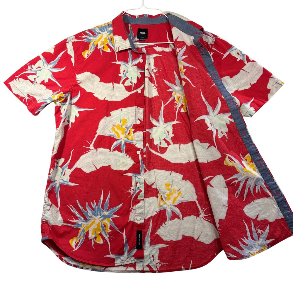 Vans Men's Hawaiian Shirt Red Tropical Floral Print Short Sleeve Button Up Aloha
